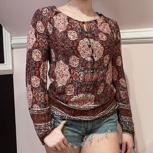 ⭐lucky brand red and black paisley geometric print button up top small